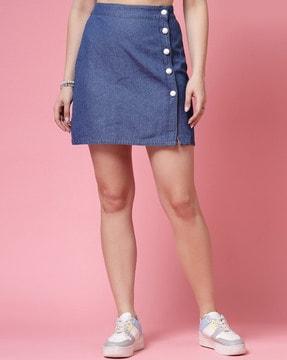 women a-line denim skirt with button closure