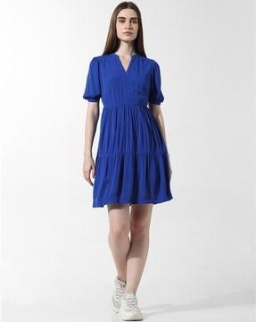 women a-line dress with puff sleeves