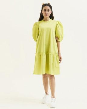 women a-line dress with puff sleeves