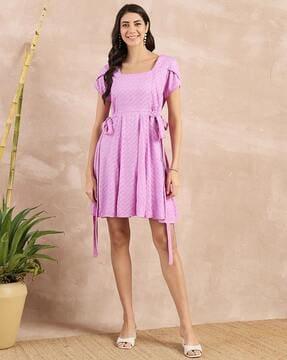 women a-line dress with waist tie-up