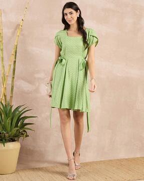 women a-line dress with waist tie-up