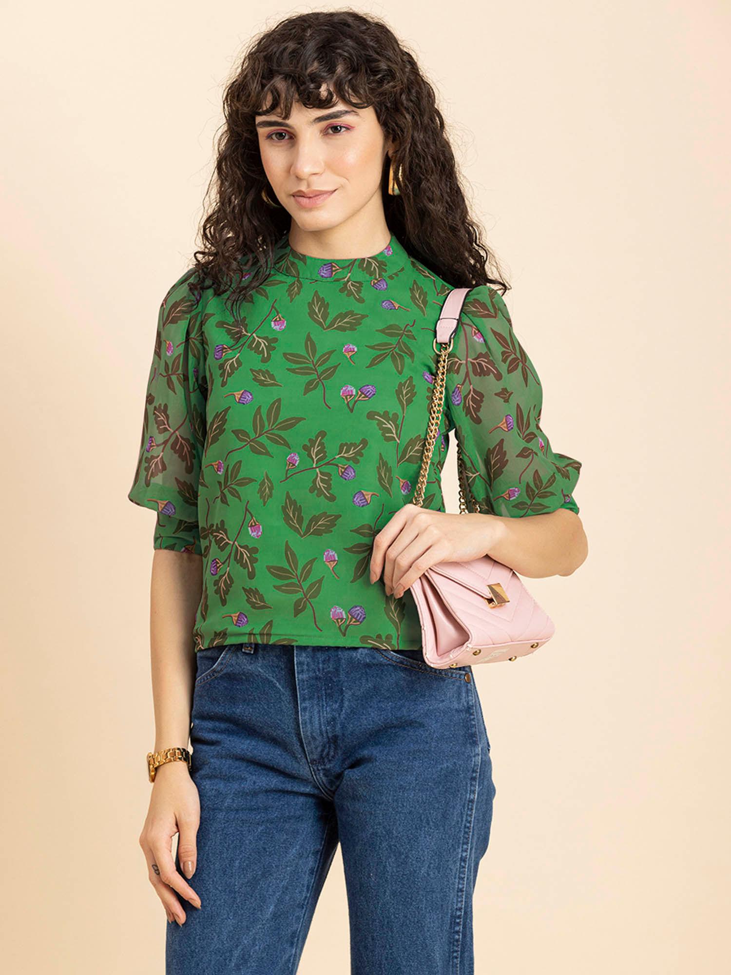 women a-line georgette floral green top