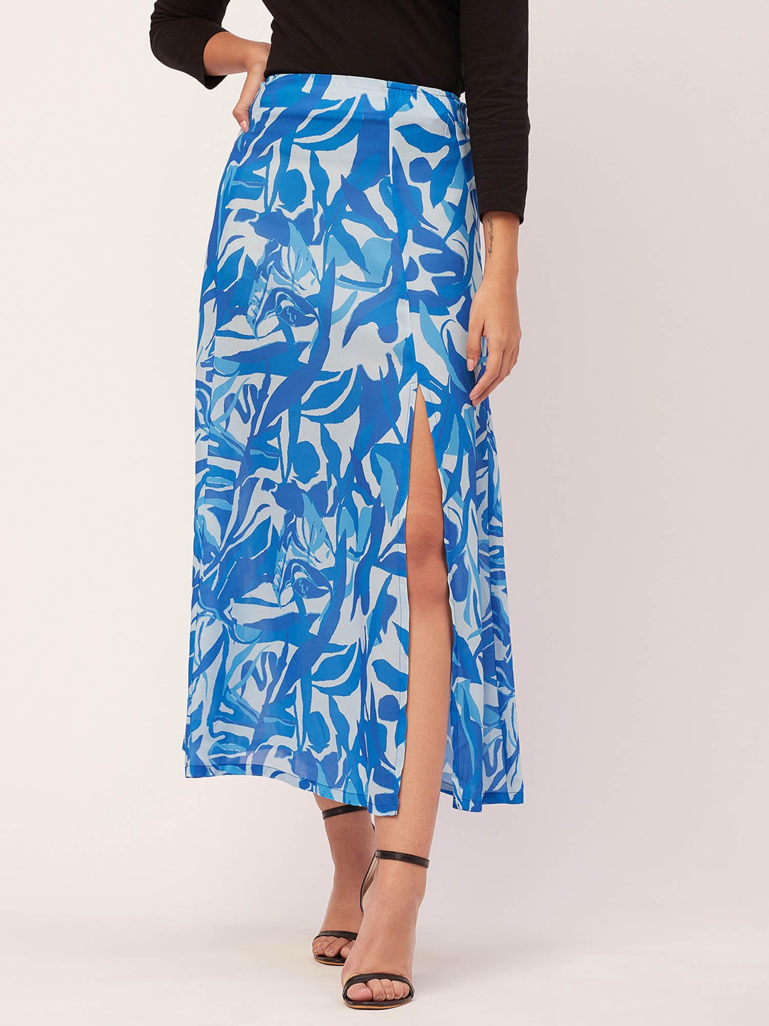 women a-line georgette printed blue midi skirt