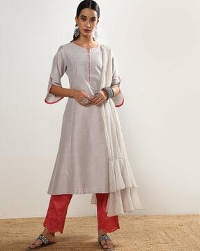 women a-line kurta set with ruffled dupatta