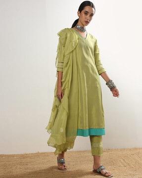 women a-line kurta set with ruffled dupatta