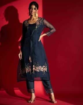 women a-line kurta with pants & embroidered jacket