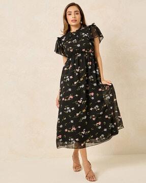 women a-line maxi dress with ruffle detail on sleeve & neck