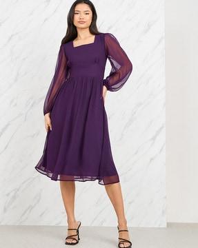 women a-line midi dress with lace up belt