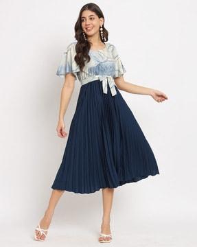 women a-line pleated dress with waist tie-up