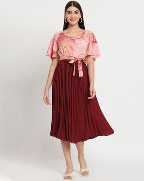 women a-line pleated dress with waist tie-up