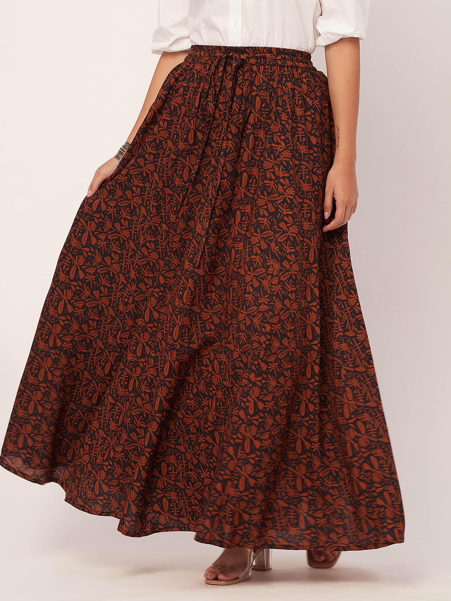 women a-line rayon floral black maxi skirt