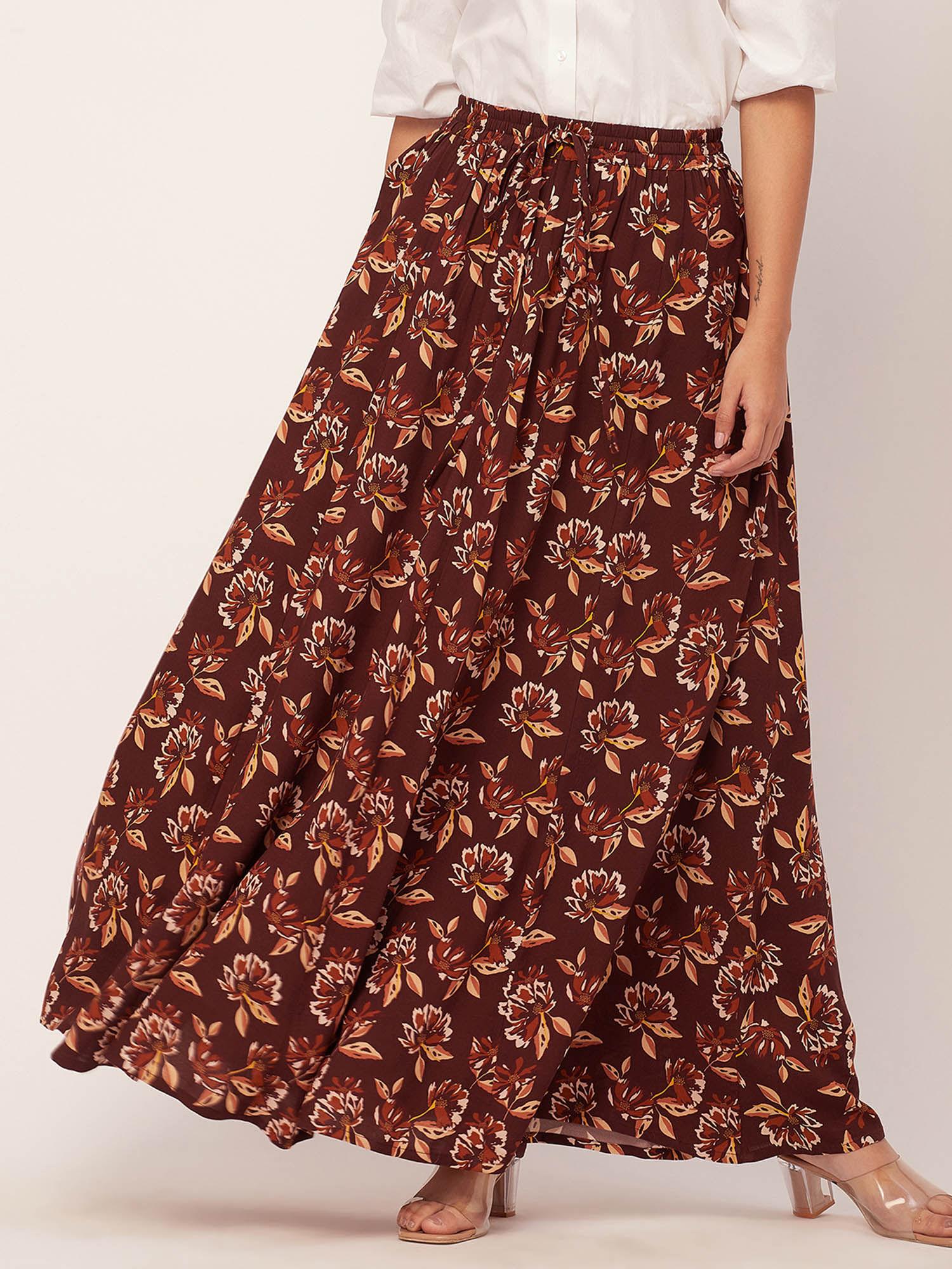 women a-line rayon floral brown maxi skirt