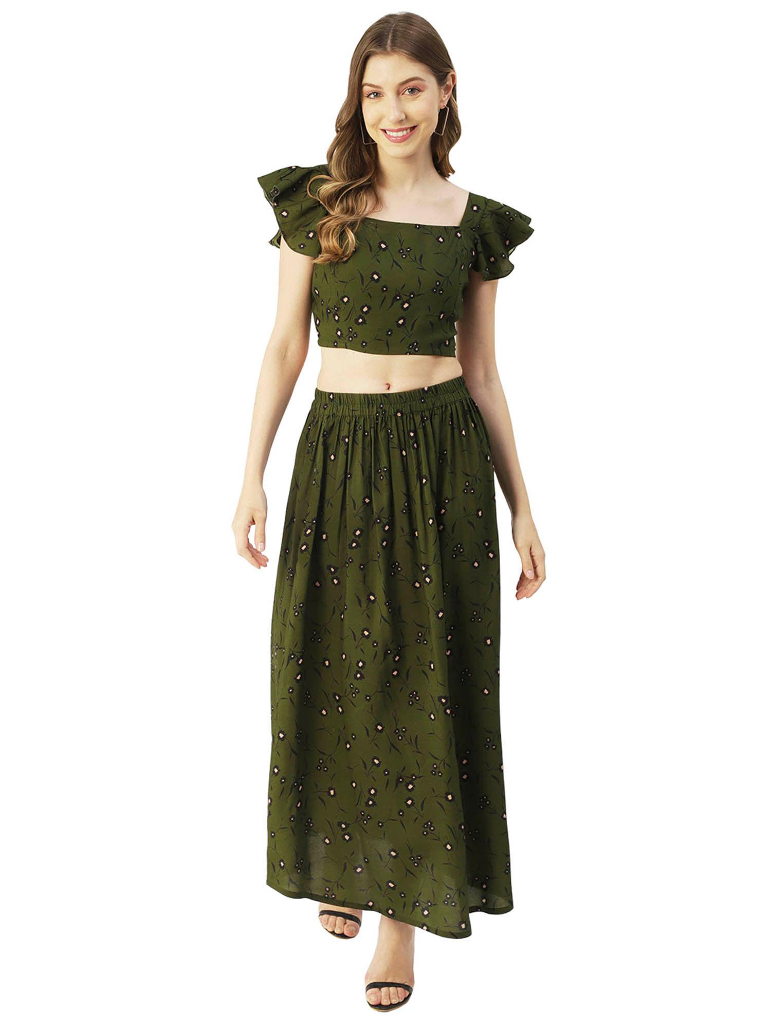 women a-line rayon floral green co-ord (set of 2)