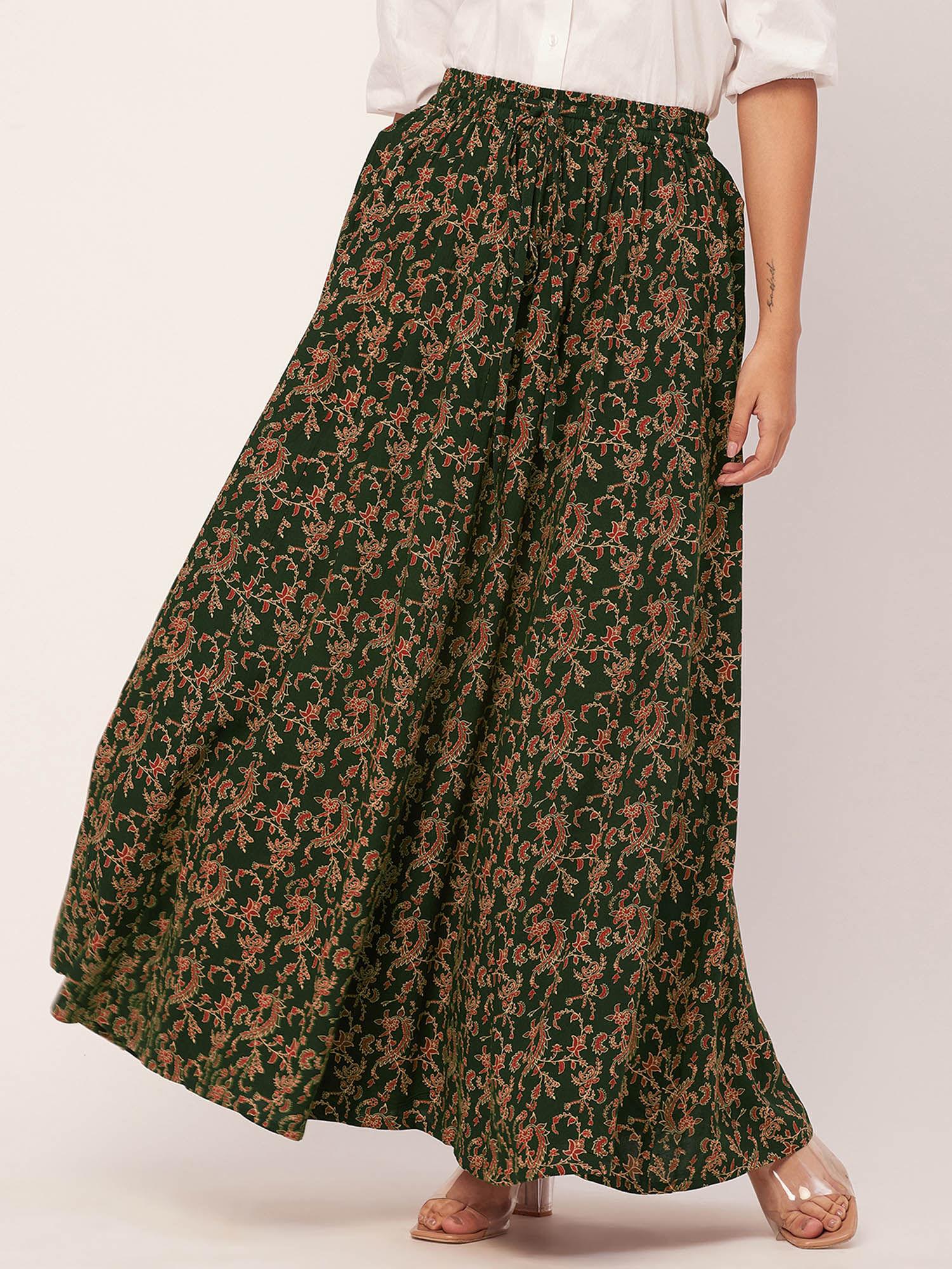 women a-line rayon floral green maxi skirt