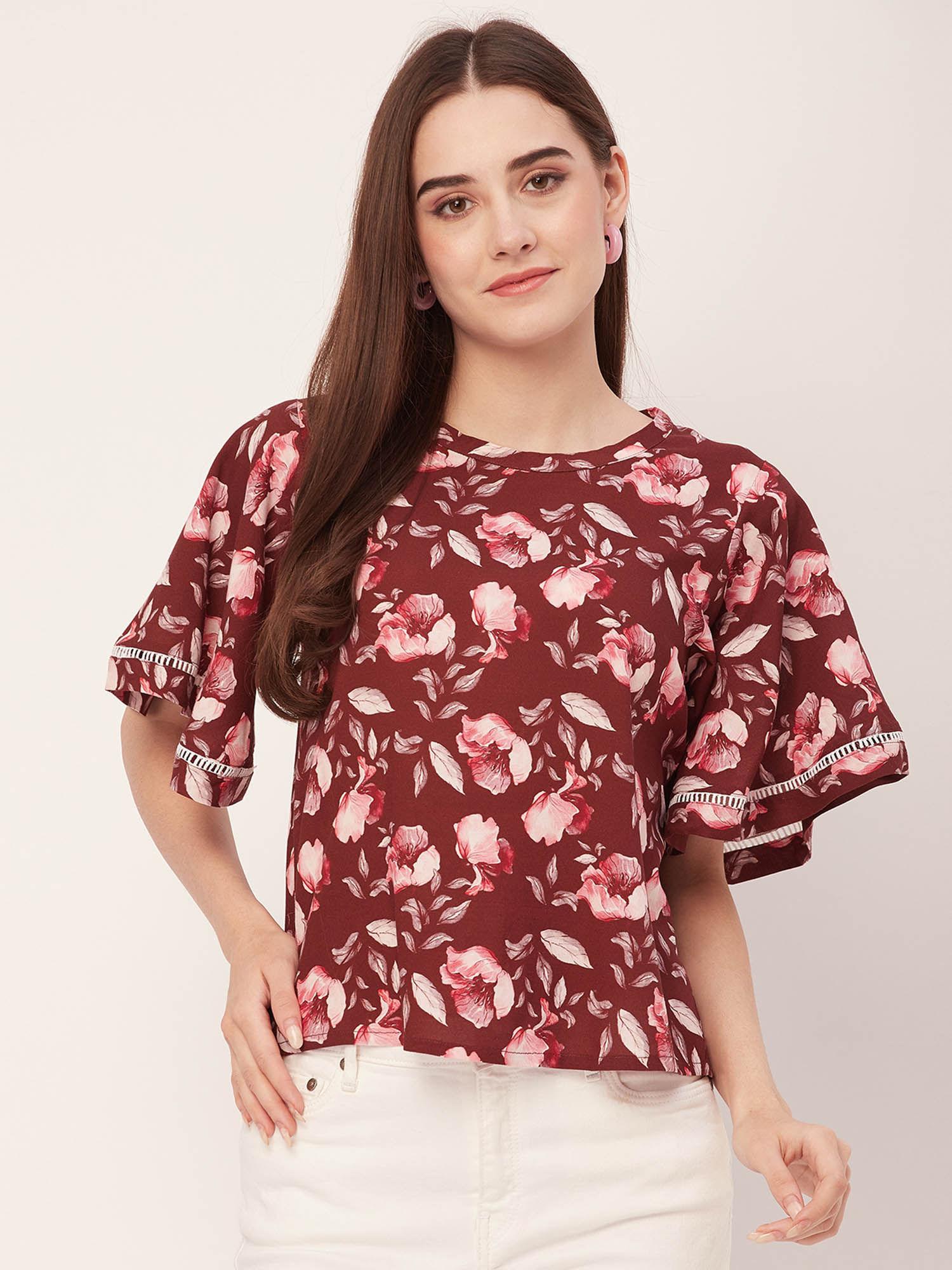 women a-line rayon floral maroon top