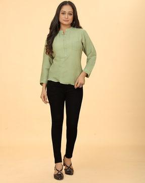 women a-line solid tunic with mandarin collar