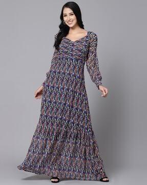 women abstract print a-line dress with balloon sleeves