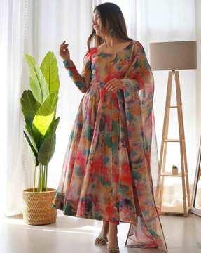 women abstract print anarkali kurta & pants with dupatta