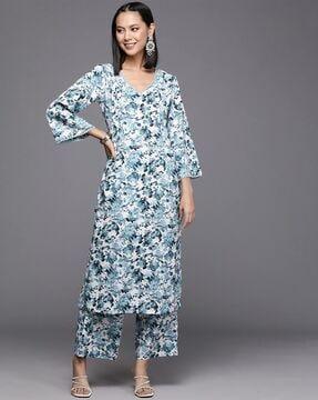 women abstract print straight kurta with palazzos