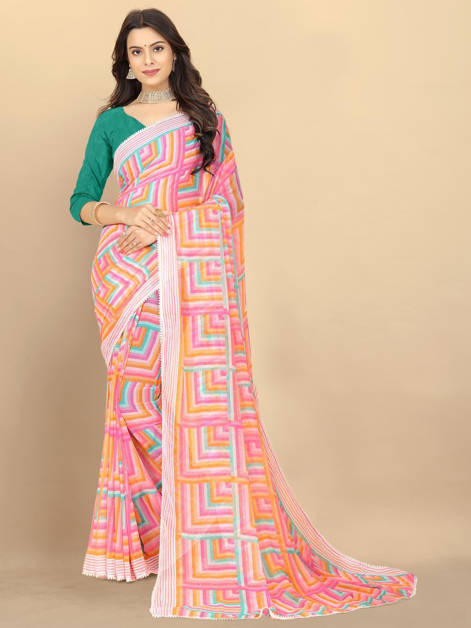 women abstract printed georgette saree with unstitched blouse - multicolor