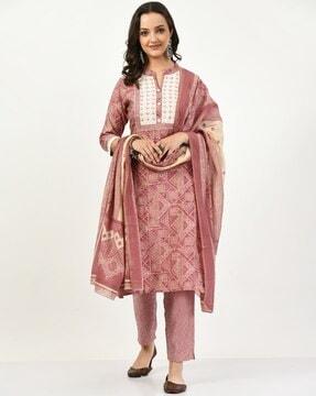 women abstract printed kurta set with dupatta