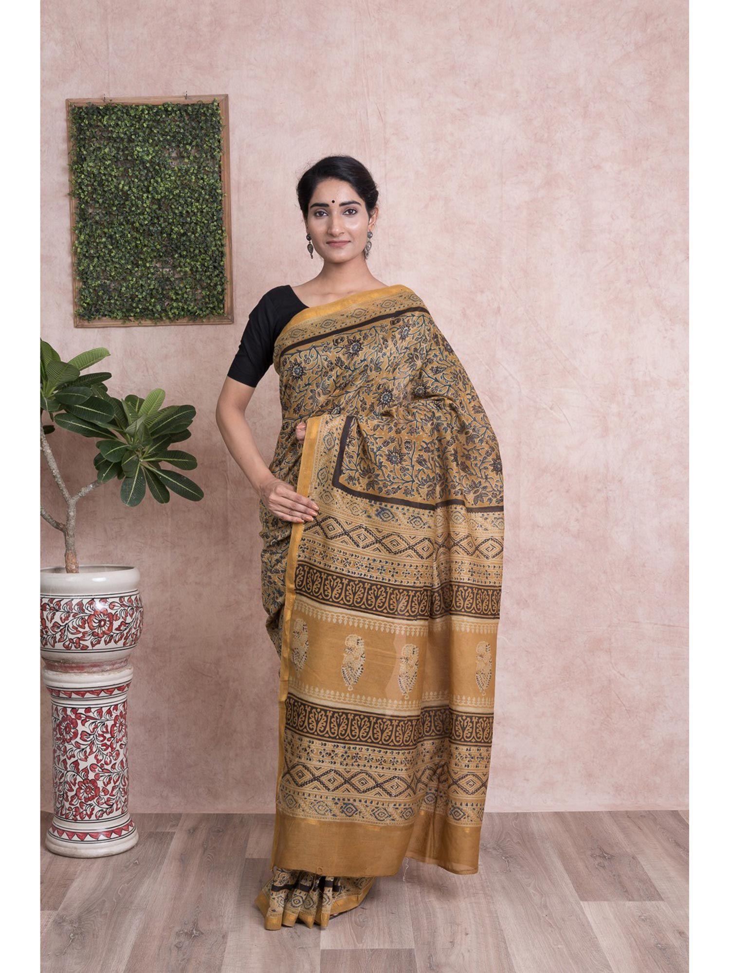 women ajrak print kalamkari chanderi silk saree with unstitched blouse - yellow