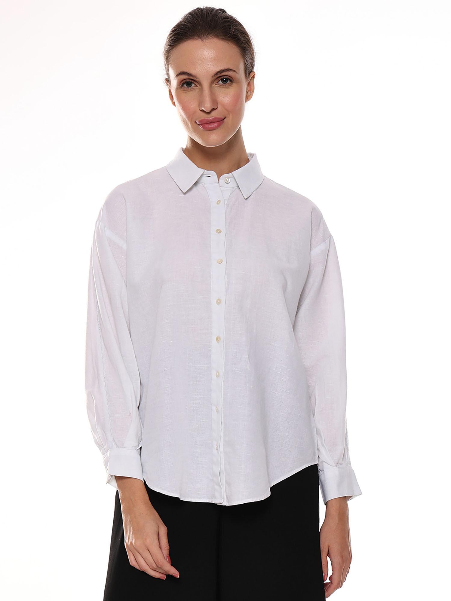 women alexis white cotton-linen drop-shoulder shirt