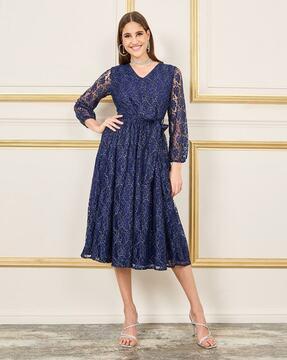 women all over lace self tiered up a-line midi dress