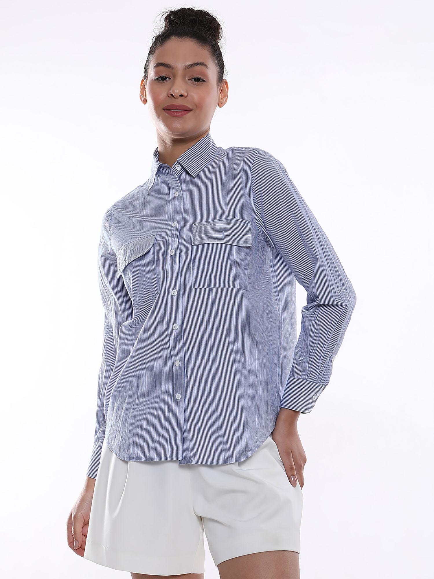 women alvina blue & white striped cotton utility shirt