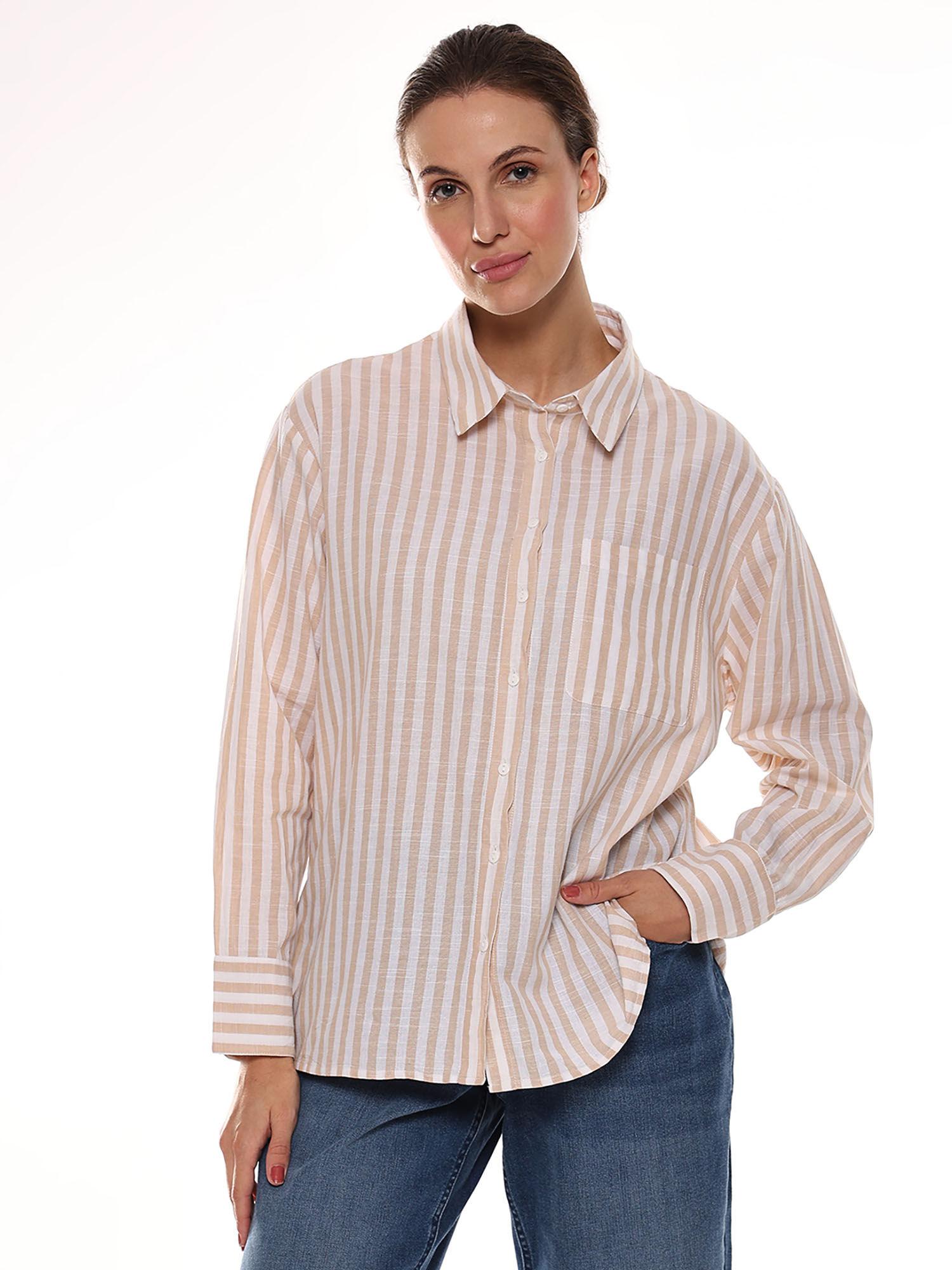 women amanda beige & white striped cotton oversized shirt