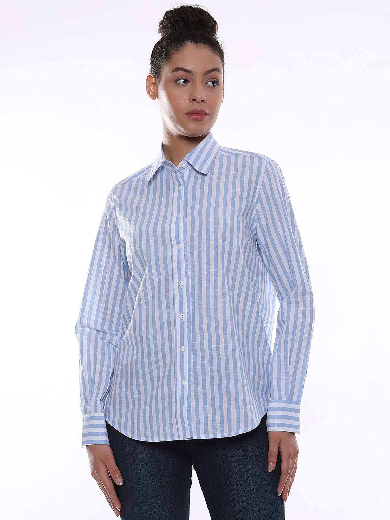 women amber blue & white striped cotton shirt