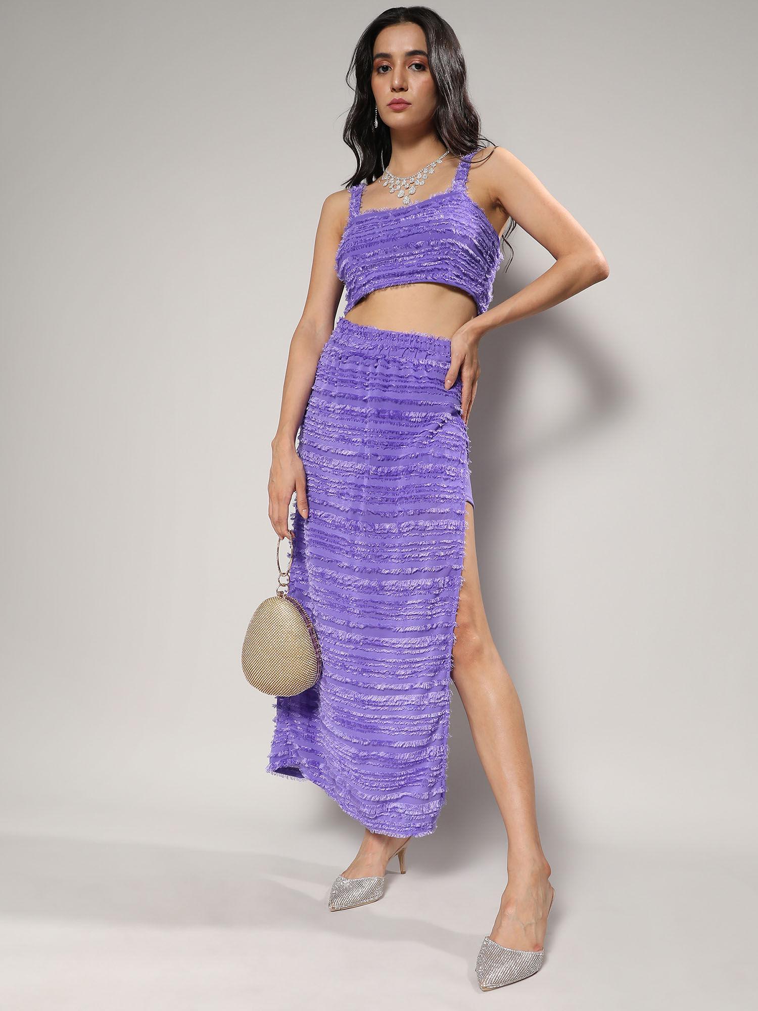 women amethyst purple self-design fringe top and skirt co-ord set (set of 2)
