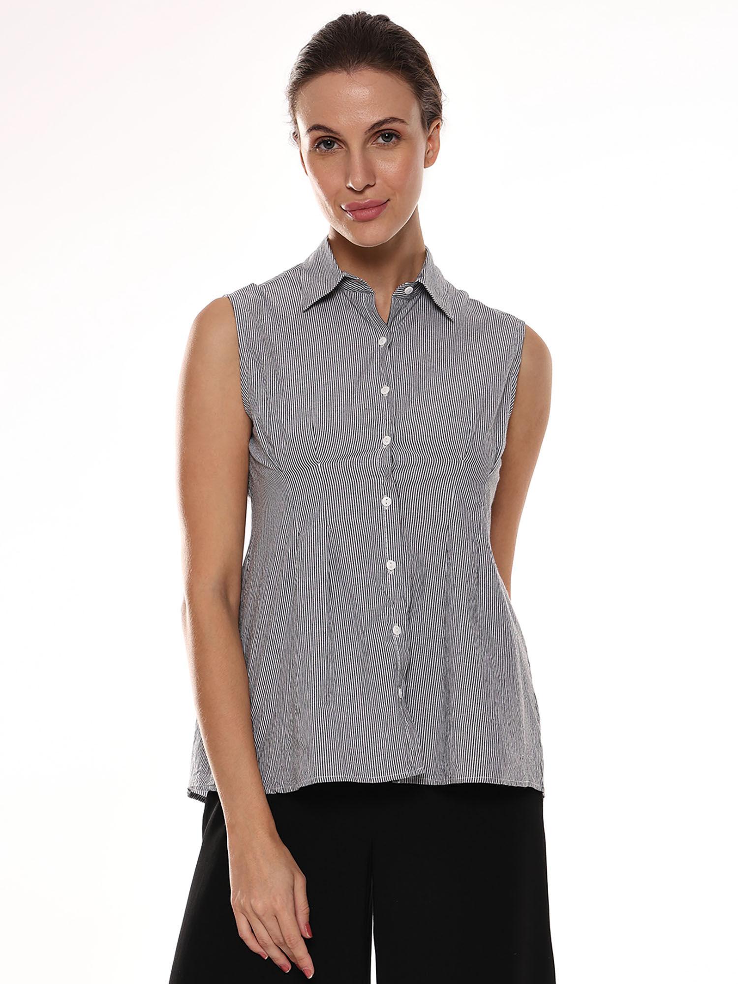 women amora black & white striped sleeveless cotton formal shirt
