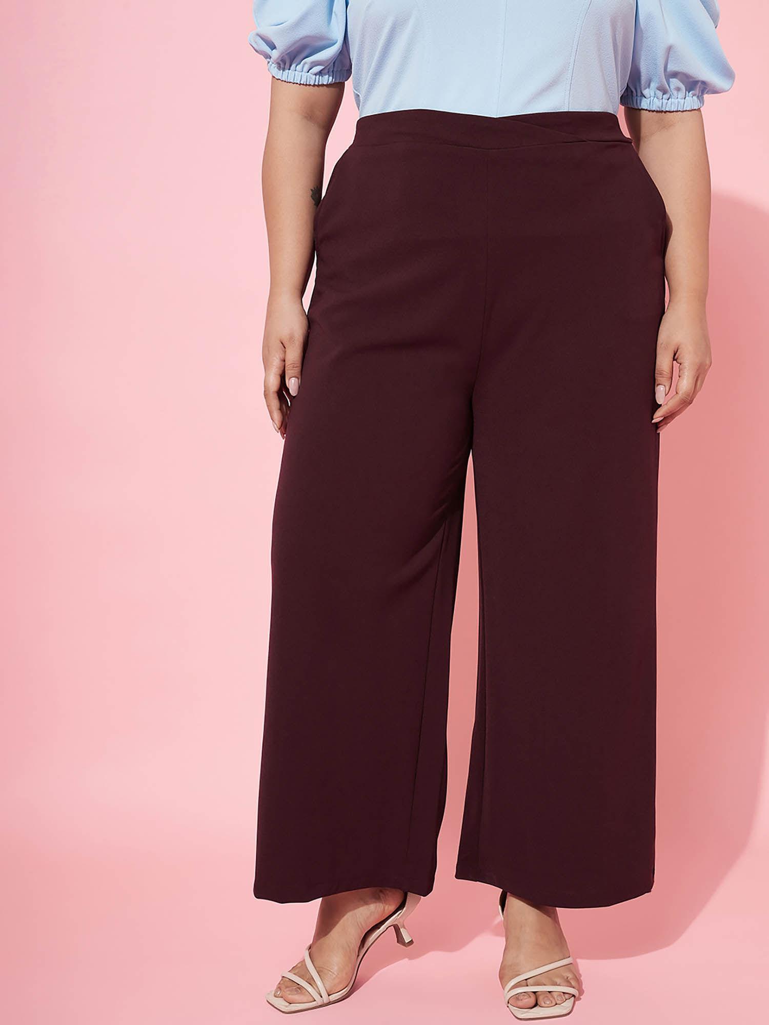 women ample plus size solid wide leg burgundy trouser