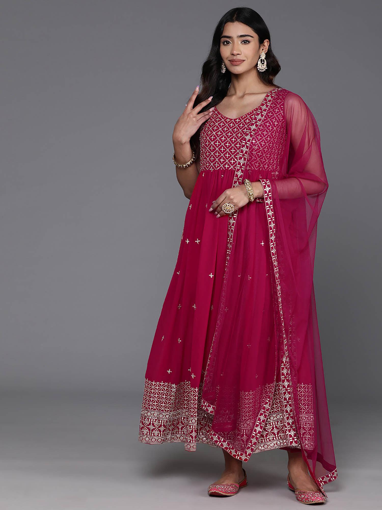 women anarkali kurta and trousers with dupatta pink (set of 3)