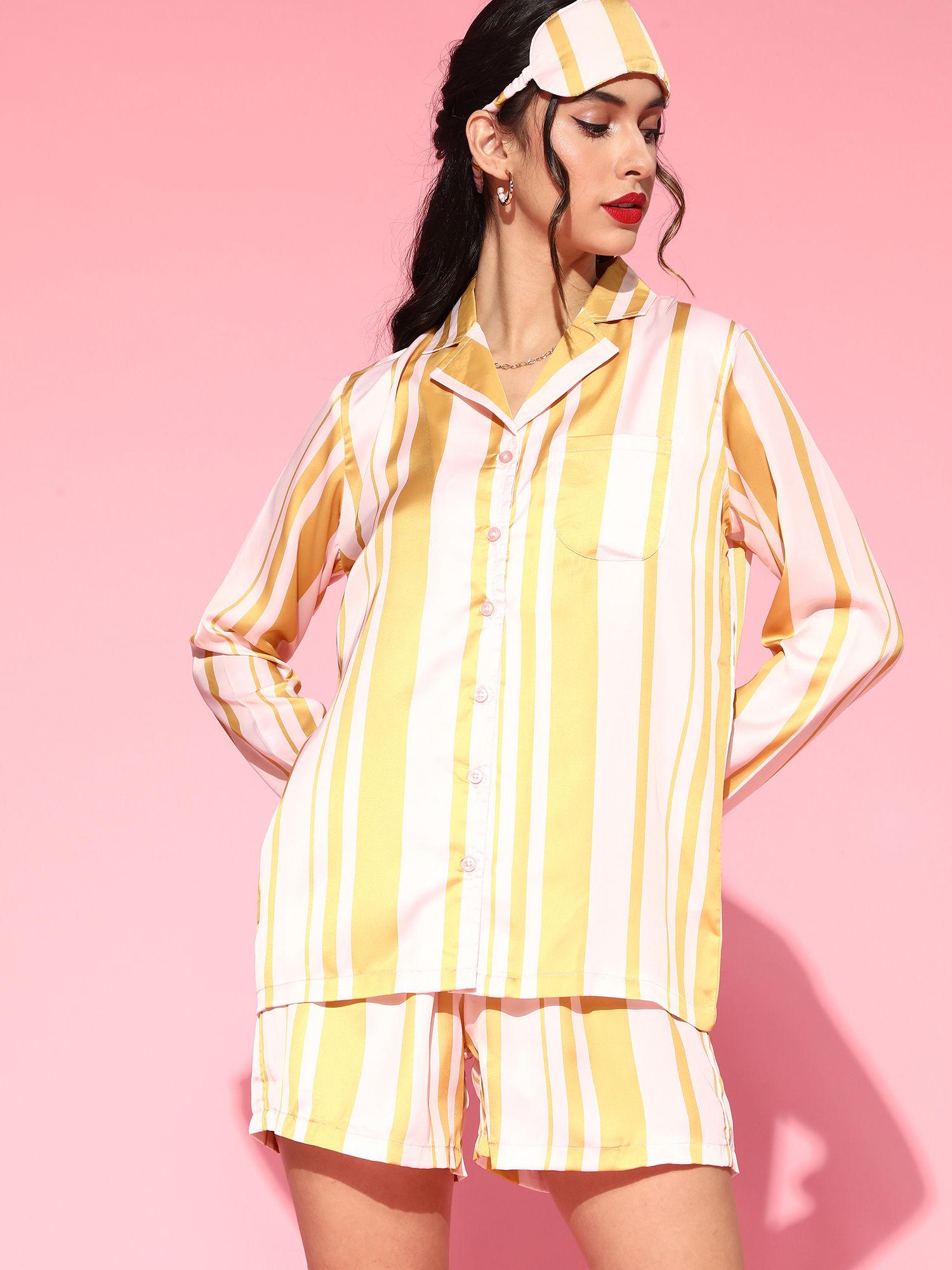 women and cream stripes night suit - yellow (xxl)