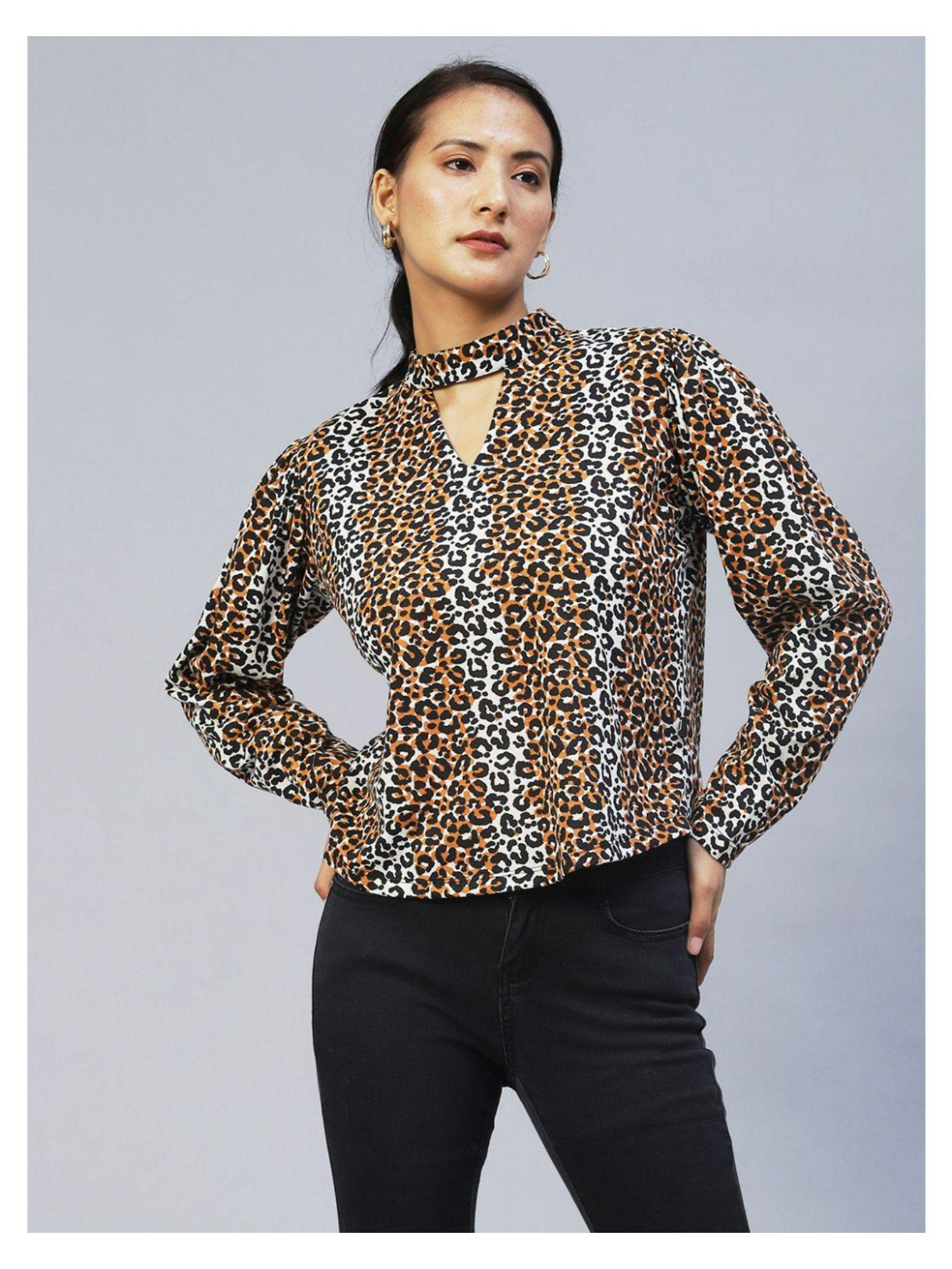 women animal print chocker neck top