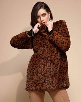 women animal print coat with insert pockets