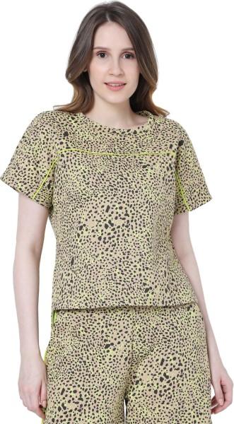 women animal print round neck cotton blend brown t-shirt