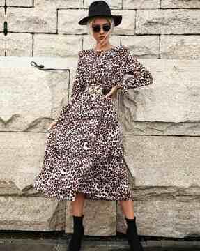 women animal print round-neck tiered dress