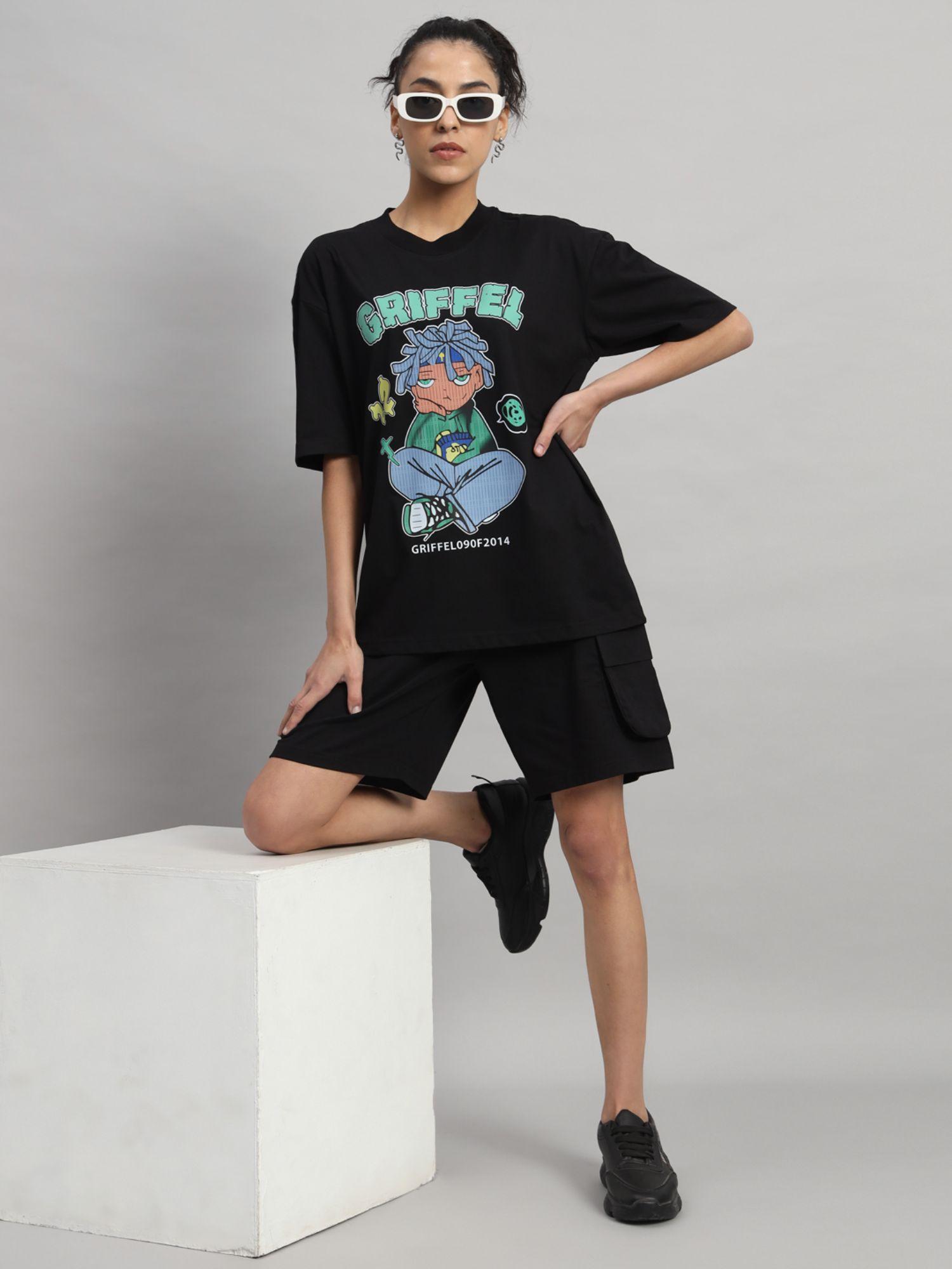 women anime black t-shirt and shorts (set of 2)