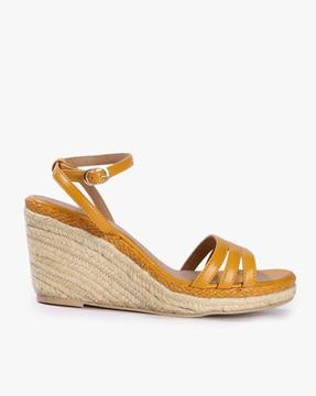 women ankle-strap mustard espadrille wedges