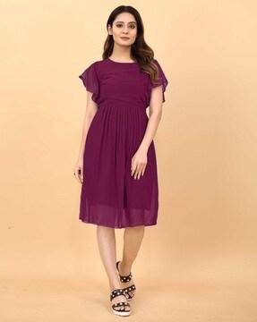 women applique fit & flare dress with bell sleeves