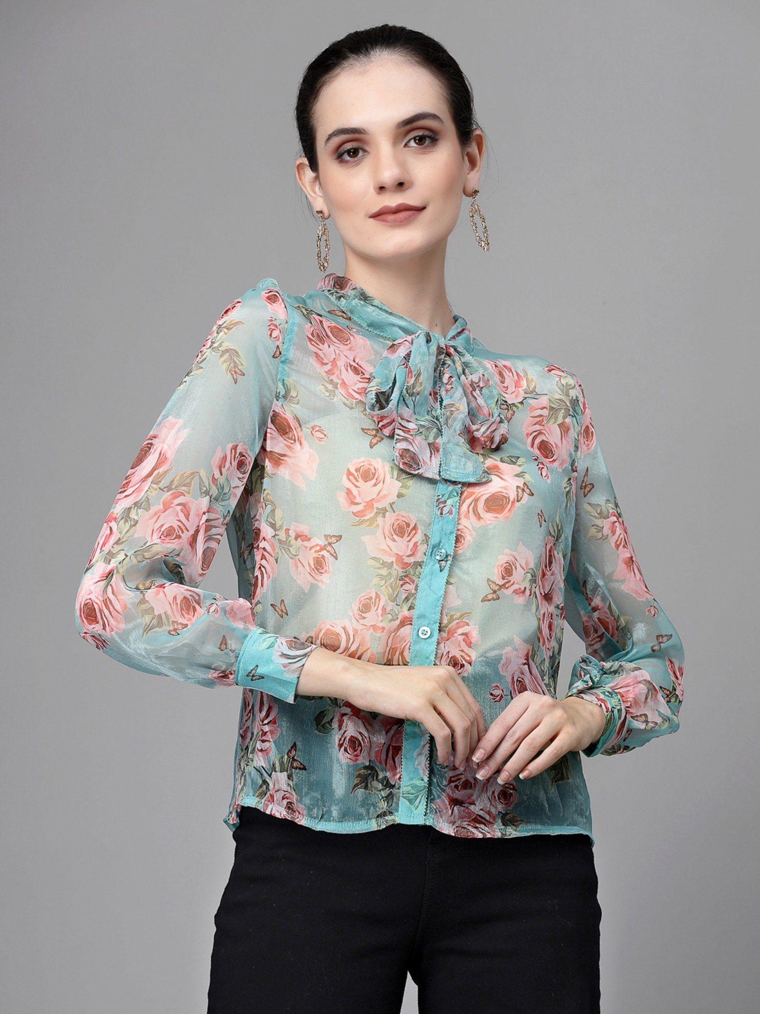 women aqua blue floral full sleeve shirt