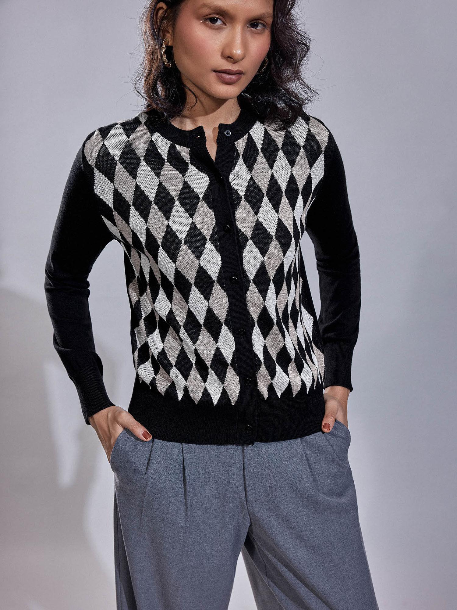 women argyle round neck cardigan