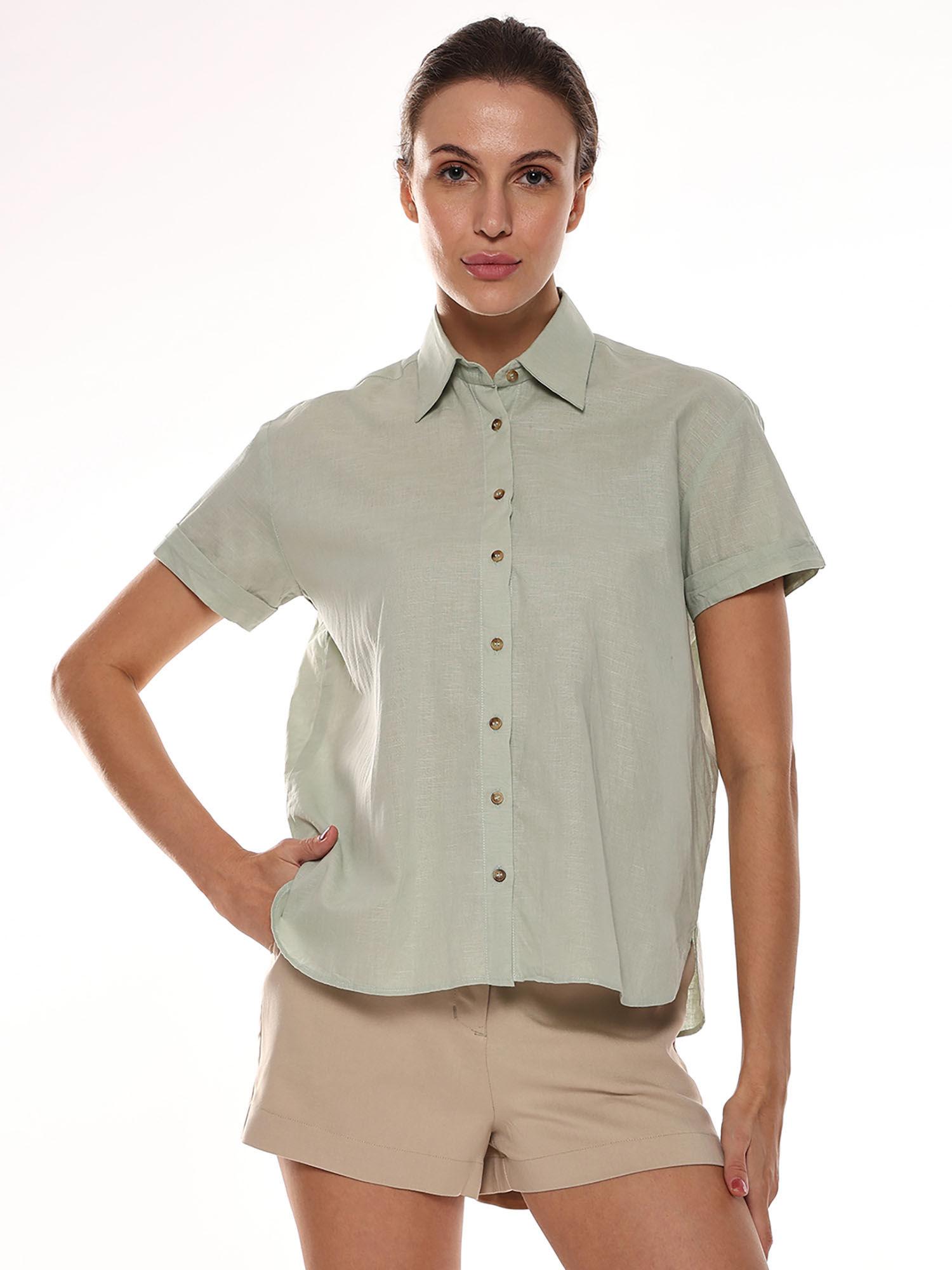 women ariana sage green slubbed cotton boxy short sleeves shirt