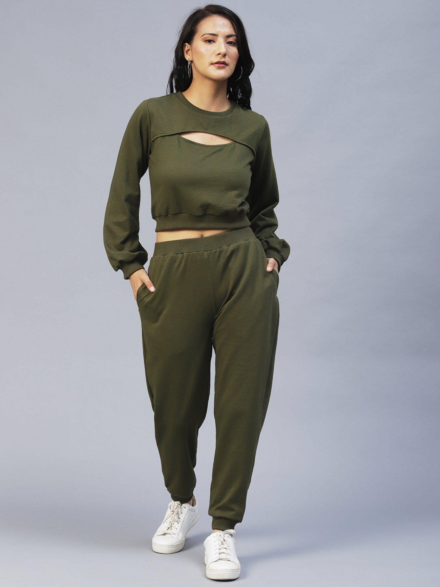 women army green cutout neck detail tracksuit (set of 2)