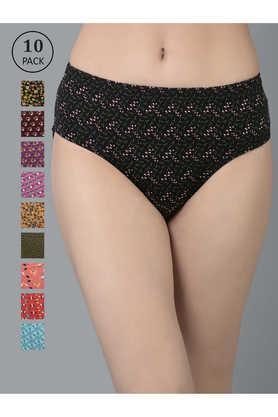 women assorted deep color printed pack of 10 inner elasticated cotton hipster panties - multi