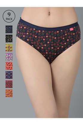 women assorted deep color printed pack of 9 outer elasticated cotton hipster panties - multi