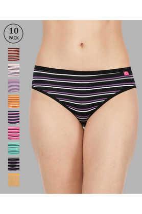 women assorted deep color striped pack of 10 inner elasticated lycra hipster panties - multi